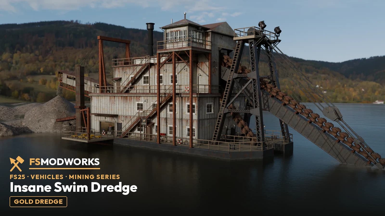 Blender render of the FSMW Insane Swim Dredge: a floating bucket-line gold dredge on a lake, riveted bucket ladder, lattice bow gantry with two searchlights, pilot house and stacker with tailings pile