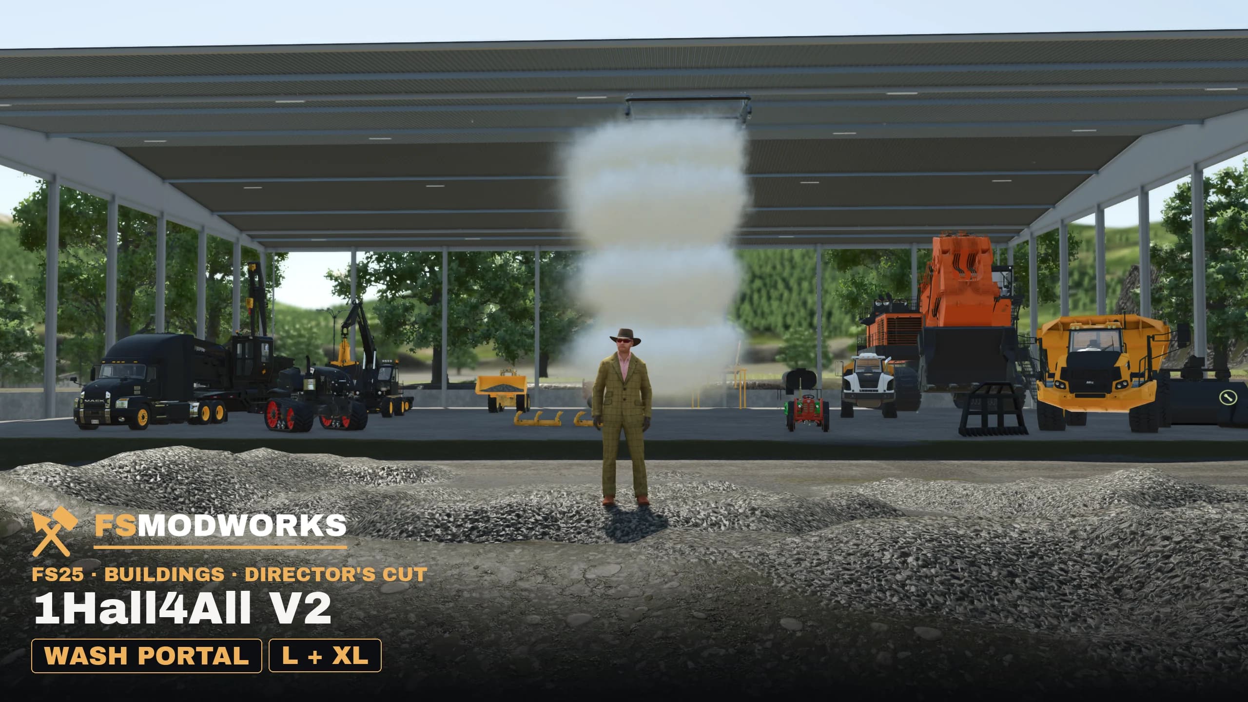 The Workshop Hall 60 from the front after the update: the wash portal running with mist under the steel frame, trucks, excavators and dumpers parked in the hall