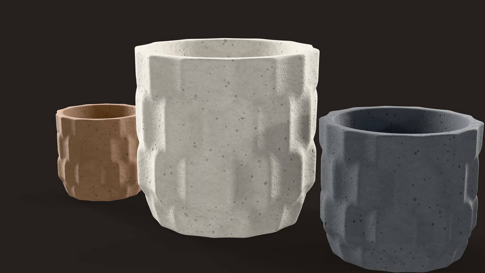 Concrete Honeycomb Planter Pack: Rendering des fertigen 3D-Assets auf dunkler Bühne