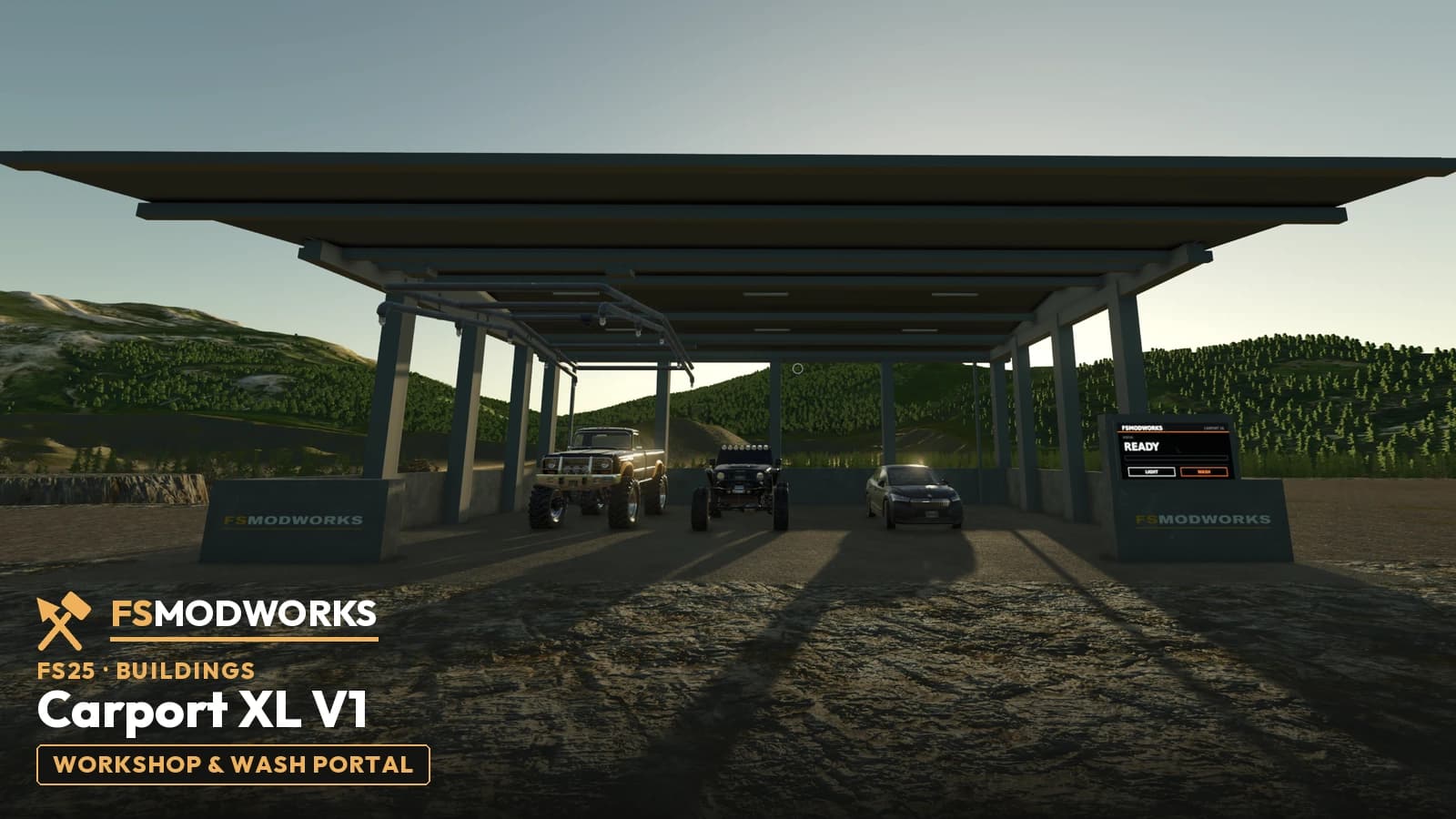 FSMW Carport XL V1 in the game, seen from the front: three vehicles under the long solar roof, the pipe frame of the wash portal on the left and the status screen reading READY on the right