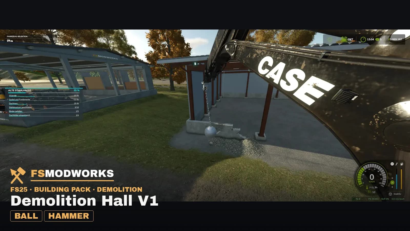 The wrecking ball hanging over broken concrete inside the half-demolished hall, the progress panel on the left showing 25 per cent