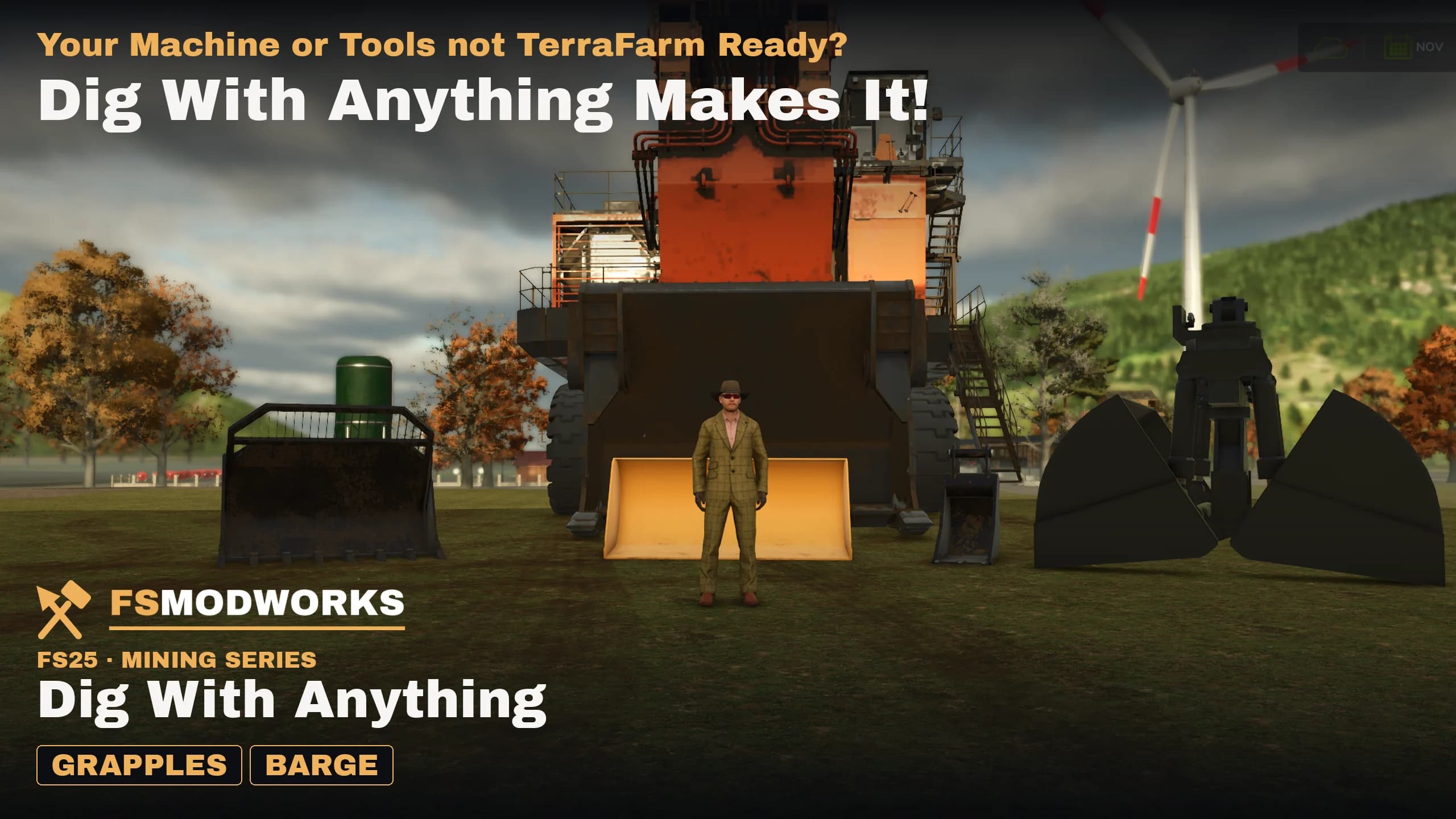 A mining excavator on grass, its work tools lined up in front of it: a bucket, a grab with a tank, a small trenching bucket and an open clamshell grapple
