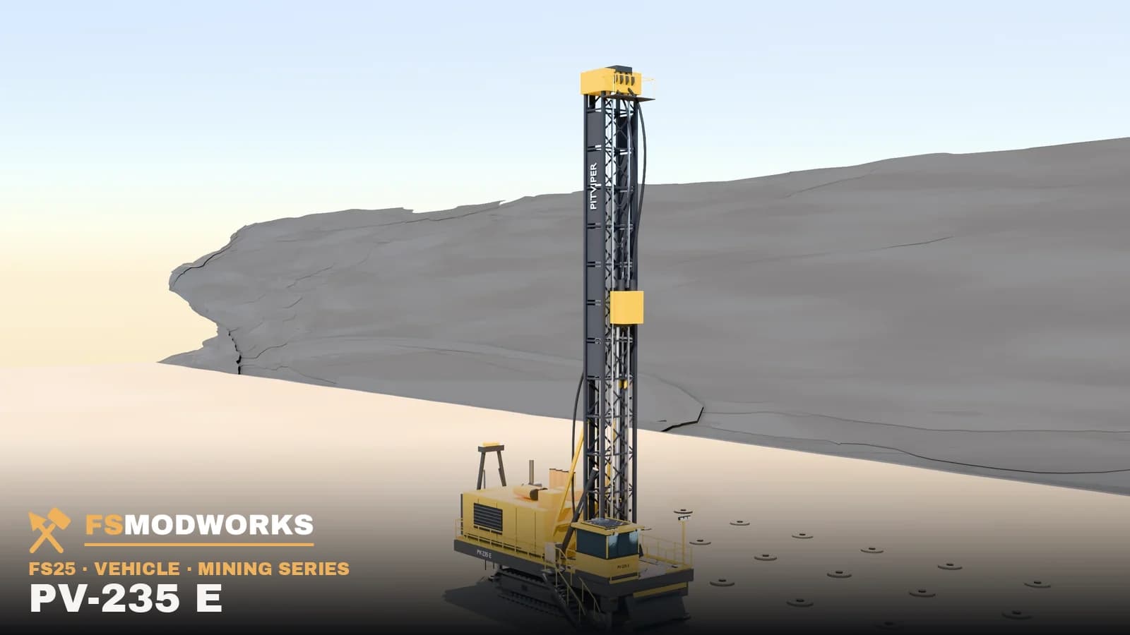 The drill rig standing on a mine bench with its mast raised, a set drill pattern marked on the ground