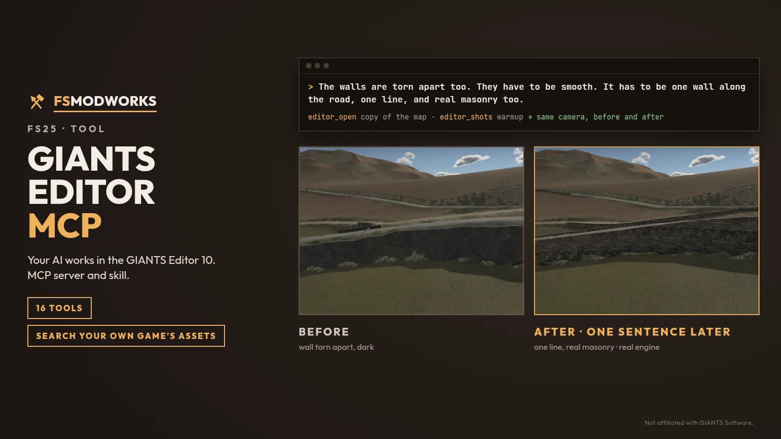 A sentence to the AI above, below the same spot of our own map in the GIANTS Editor before and after: a torn, dark retaining wall becomes one continuous line of masonry