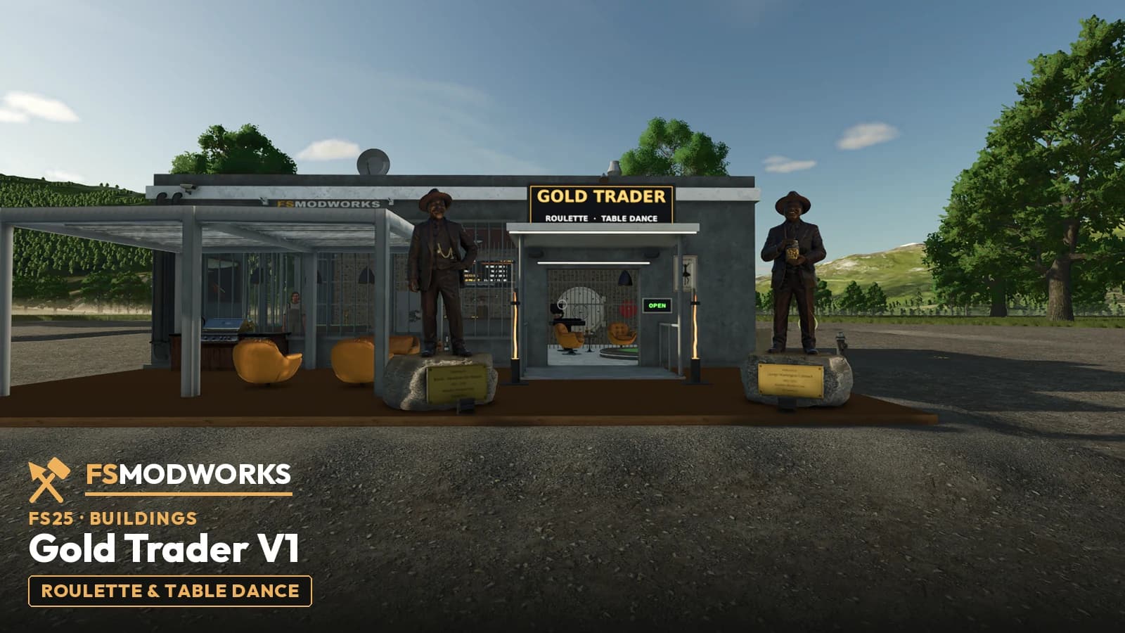 The Gold Trader in the game, seen from the front: concrete building with the Gold Trader sign reading Roulette and Table Dance, the open entrance, a pergola terrace with orange armchairs and two bronze statues on boulders