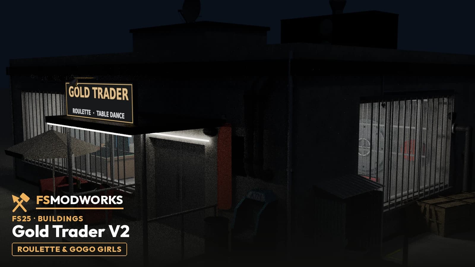 The Gold Trader building at night, sign lit above the canopy. Same building as V1 — the V2 difference is inside and still being built