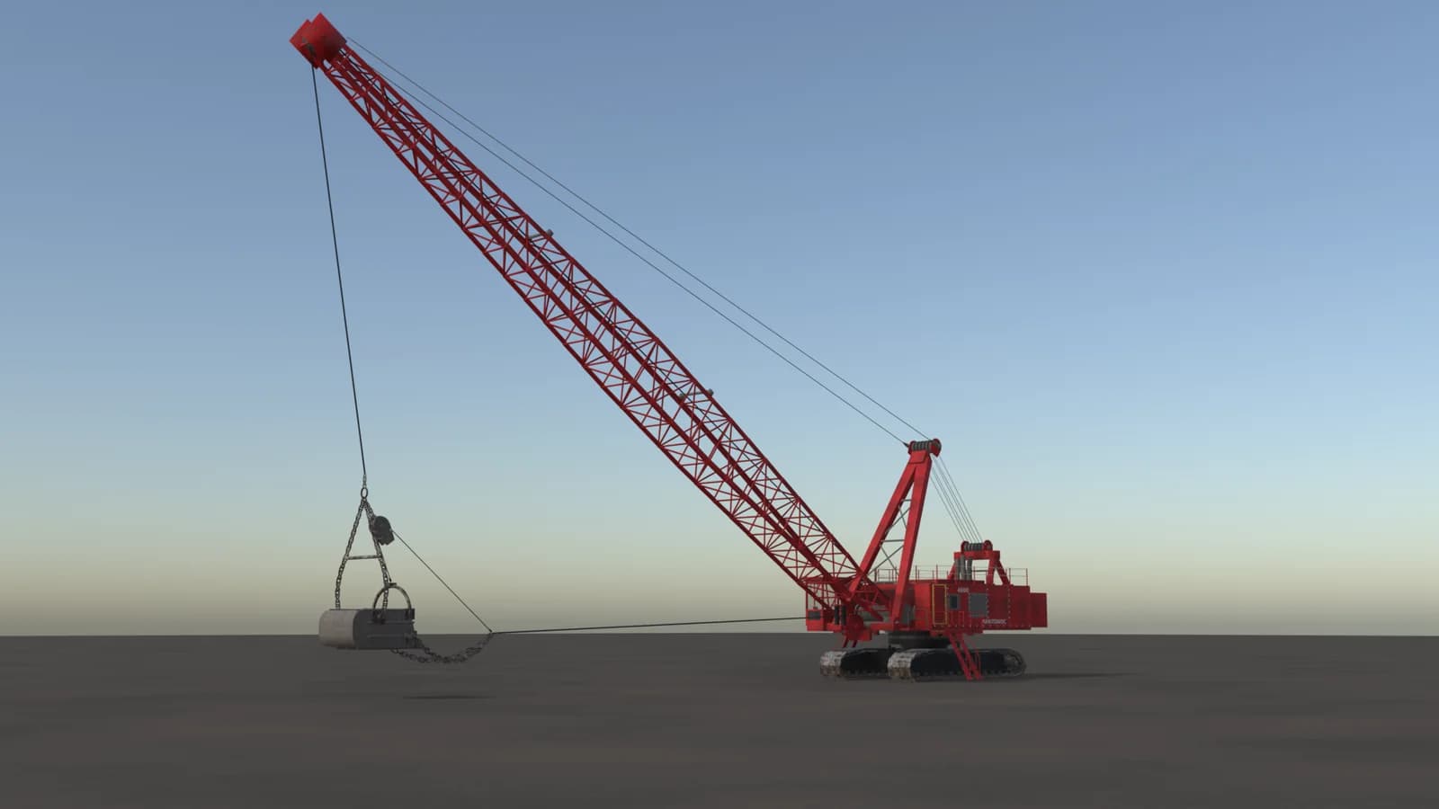 Manitowoc 4600 Dragline, test build 0.1.4.1: the whole machine with the bellied lattice boom, the mast with its sheave head and the bucket on its hoist chains. A render from Blender, not an in-game shot