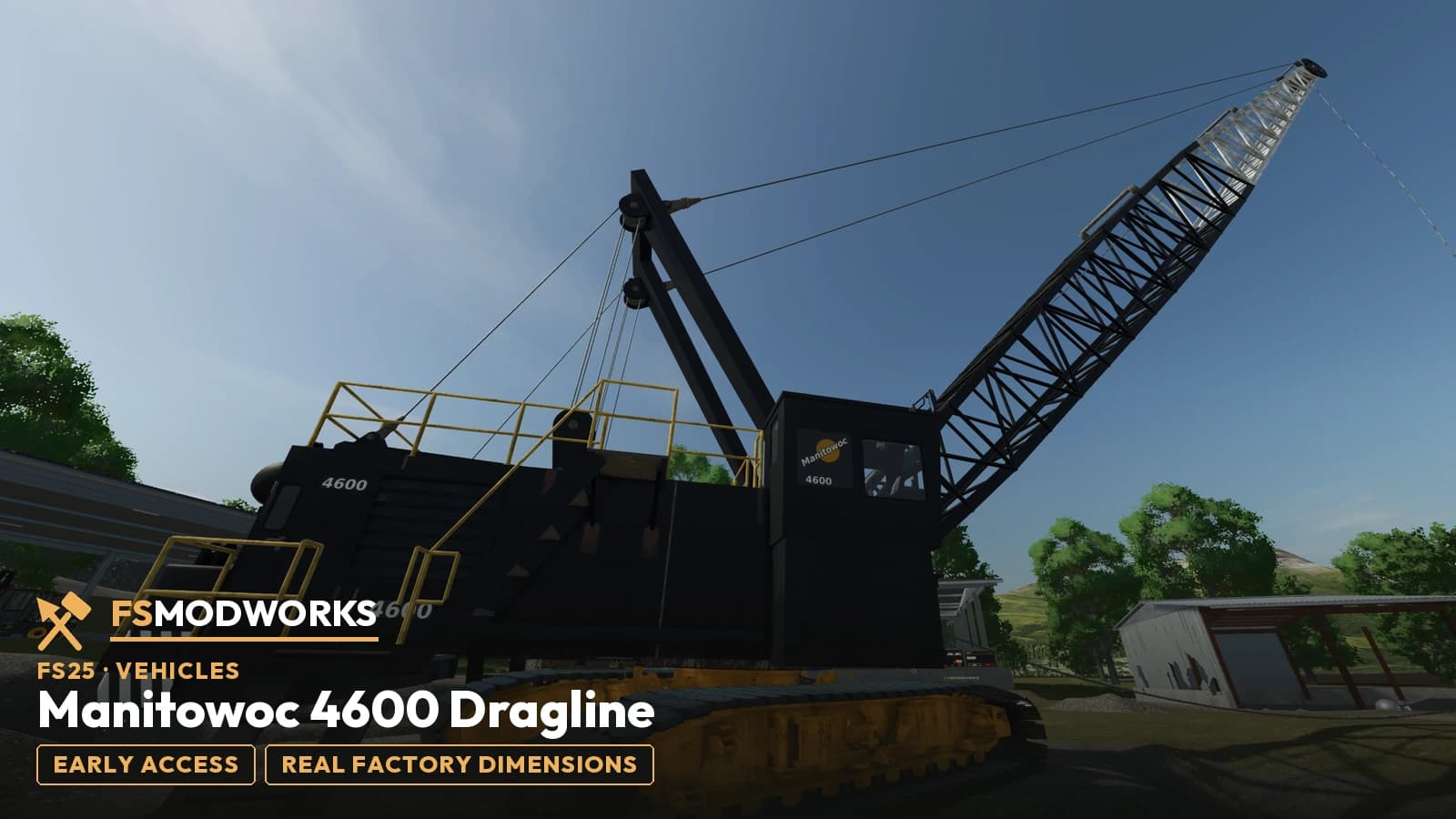 Manitowoc 4600 Dragline in the game: the black machine with yellow railings and tracks, the cab with the Manitowoc logo and the lattice boom reaching up to the right