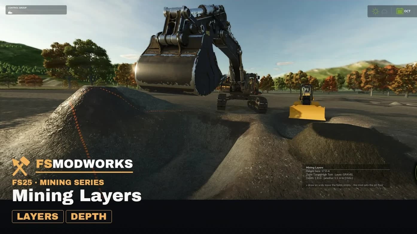 Excavator and dozer digging through layered ground, Mining Layers