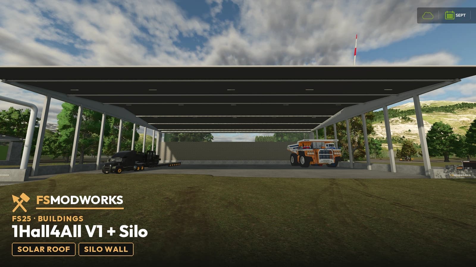 The XL hall in game seen from the front: the open solar roof spanning the full width, the glass silo wall behind it