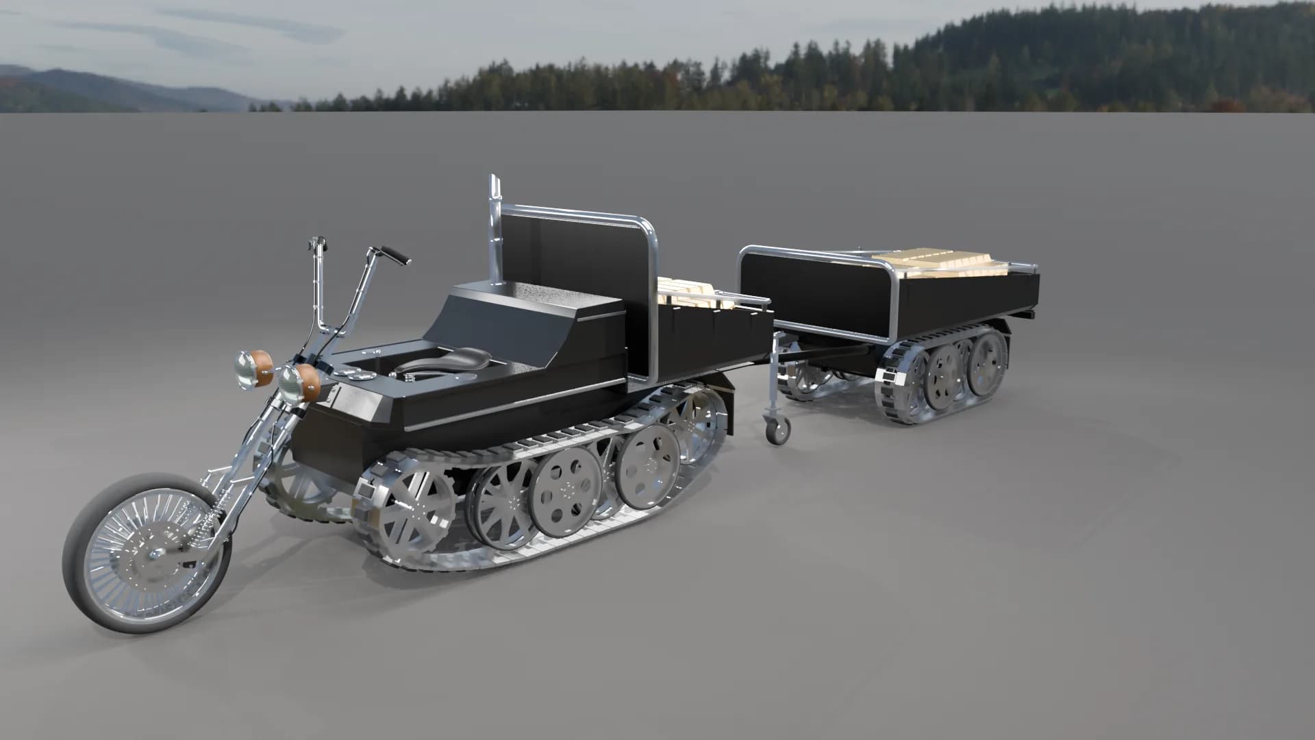 Render of the FSMW Gold Kettenrad V2 Director's Cut in gloss black with its tracked trailer: chopper fork with spoked wheel and two vintage headlights at the front, chrome road wheels and tracks, the trailer bed loaded with gold bars