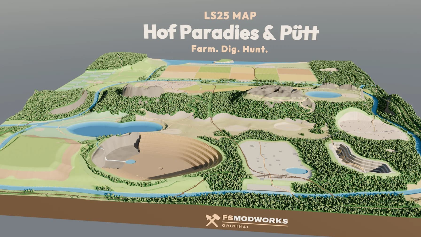 3D-Gesamtansicht des Kartenentwurfs Hof Paradies & Pütt: Hof-Tal im Norden, Bergkette mit Pass und Goldmassiv, die Grube Pütt mit ihren Sohlen im Süden