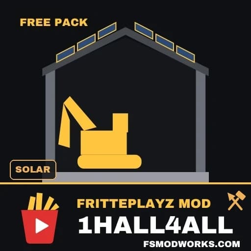 Mod tile: a hall in outline with a solar roof and an excavator underneath, labelled FREE PACK and 1HALL4ALL