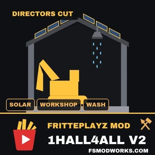 Mod tile: a hall in outline with a solar roof, a shower head raining over an excavator, labelled DIRECTORS CUT and 1HALL4ALL V2