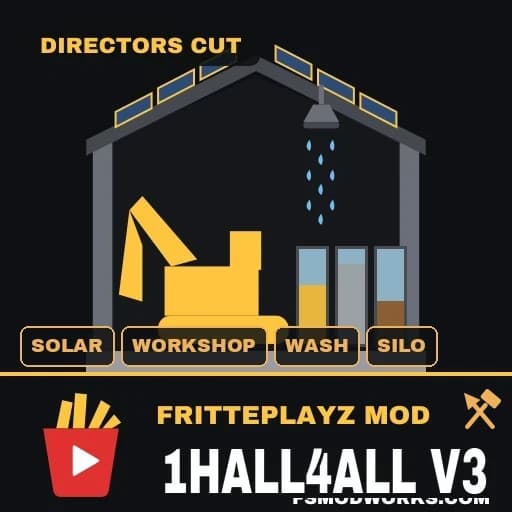 Mod tile: a hall outline with solar roof, an excavator, a shower head and three glass silo columns, labelled DIRECTORS CUT and 1HALL4ALL V3