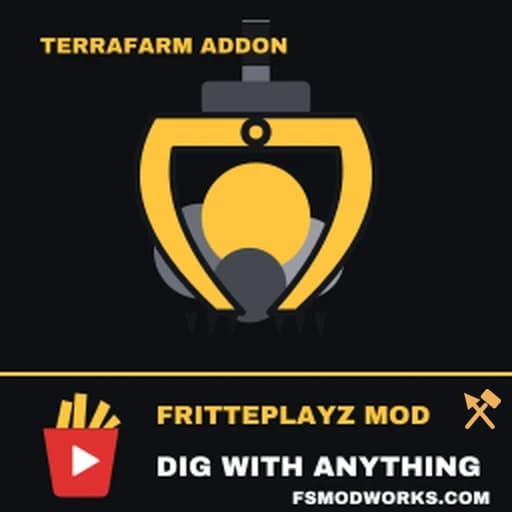 Mod tile: an open clamshell grapple in yellow, labelled TERRAFARM ADDON and DIG WITH ANYTHING
