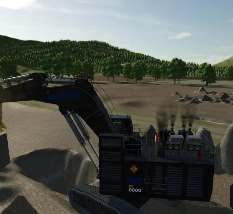 A mining excavator dumping paydirt, spoil piles and wooded hills behind it — Mining Layers in game