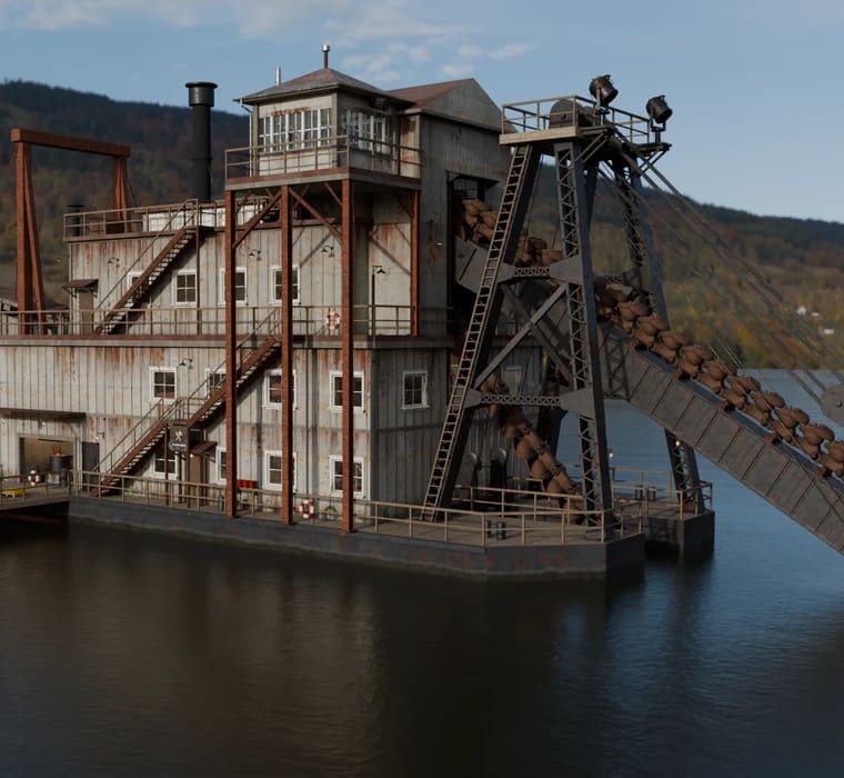 Insane Swim Dredge: the floating gold dredge of timber and steel on a lake, the bucket line on the right, wooded hills behind
