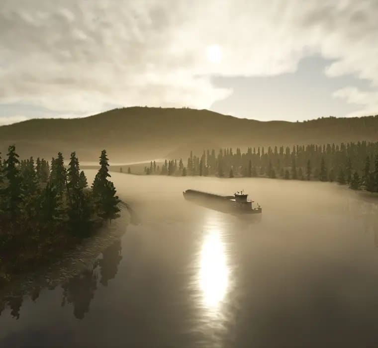 A barge on the river in morning haze, wooded hills and low sun behind it — RGC map Yukon Valley