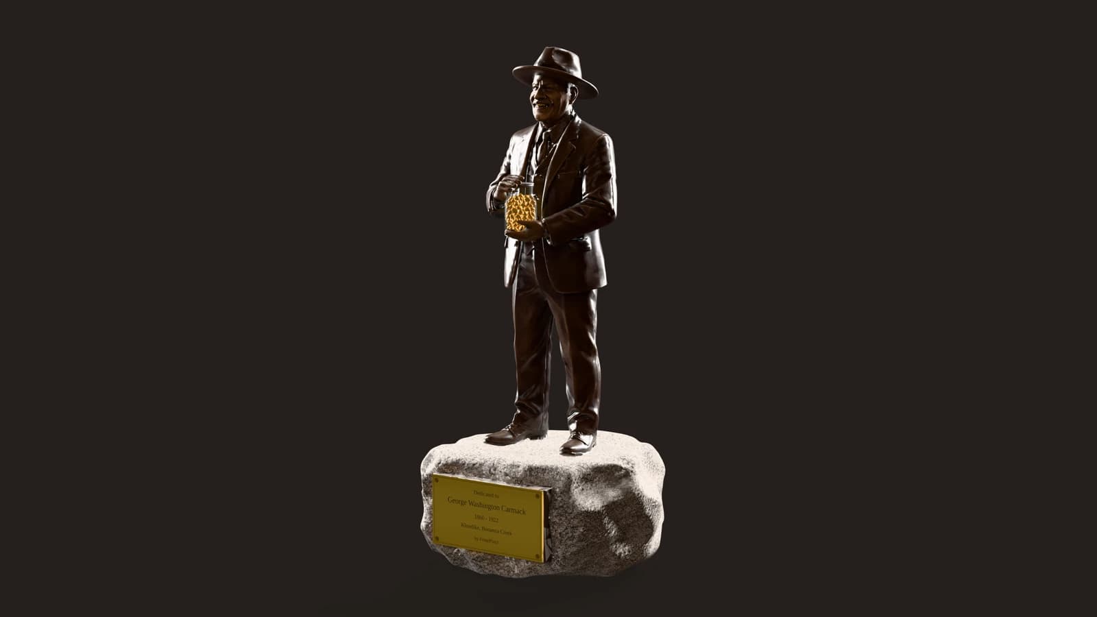 George Carmack Statue: render of the finished 3D asset on a dark stage