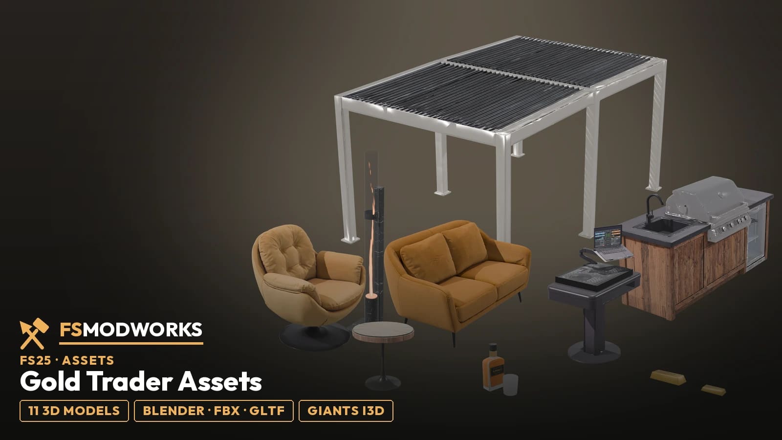 Eleven 3D assets from the Gold Trader: furniture, pergola, DJ booth and pellet torch for your own map