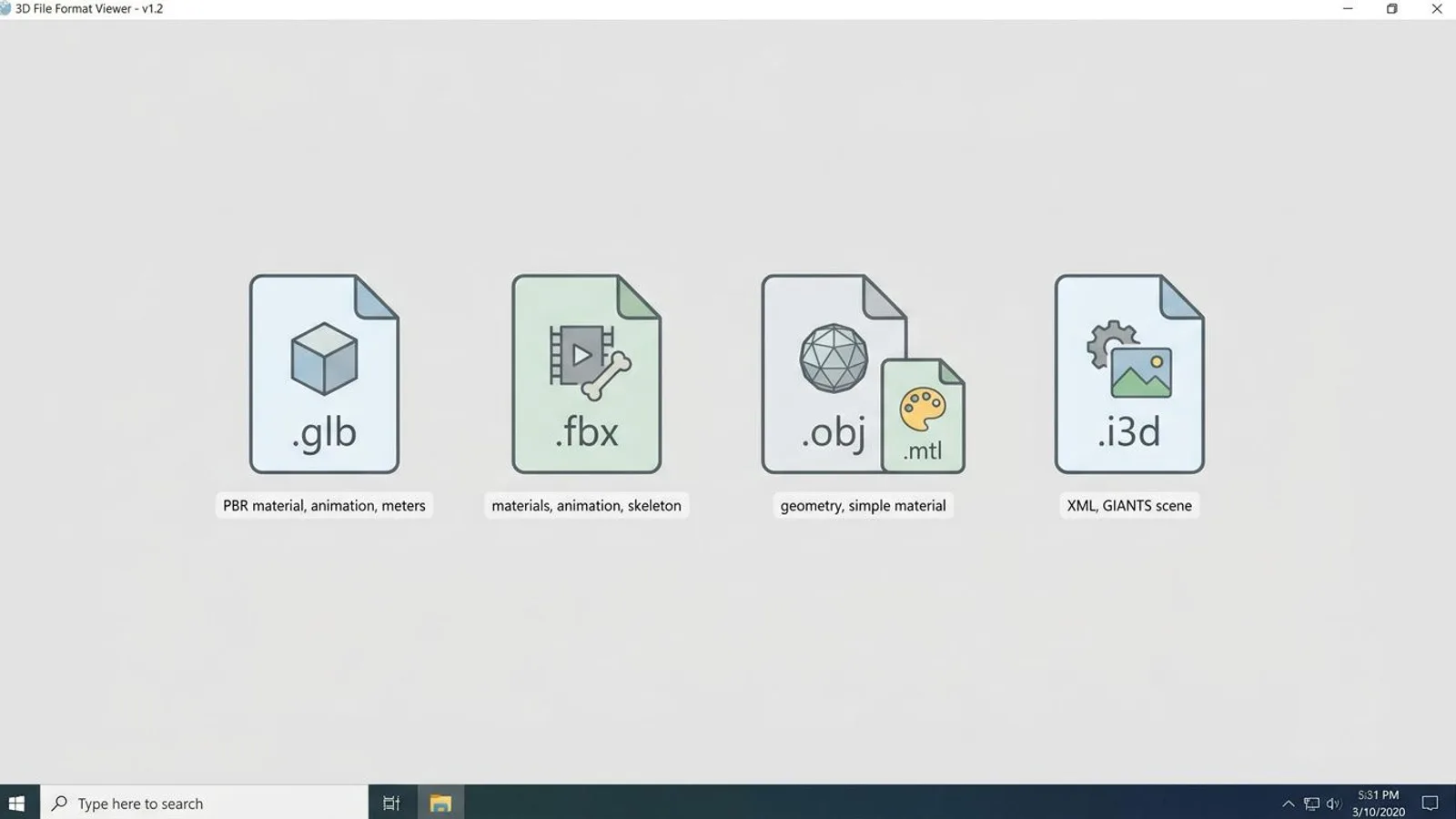 Comparison graphic of the four file formats GLB, FBX, OBJ with MTL, and i3d, showing what data each one carries.