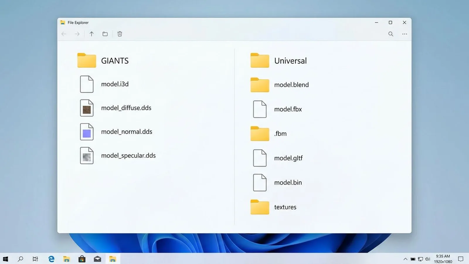 Package folders: a GIANTS part (i3d, DDS textures) and a Universal part (blend, fbx, gltf with a textures folder)