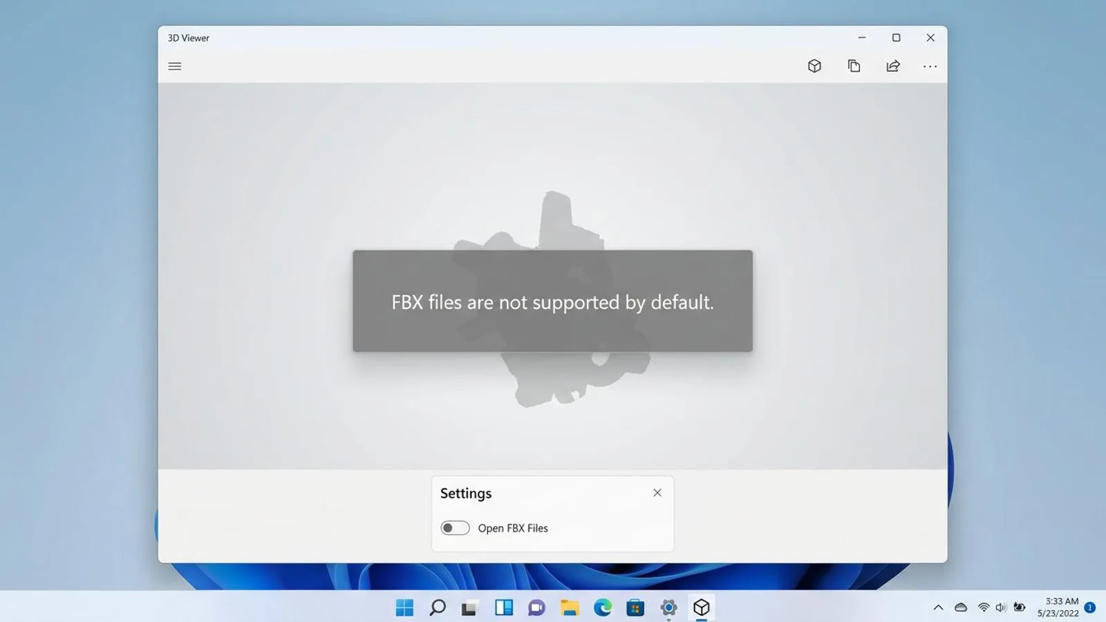 Windows 3D Viewer showing that FBX files are not supported by default, with the Open FBX Files toggle