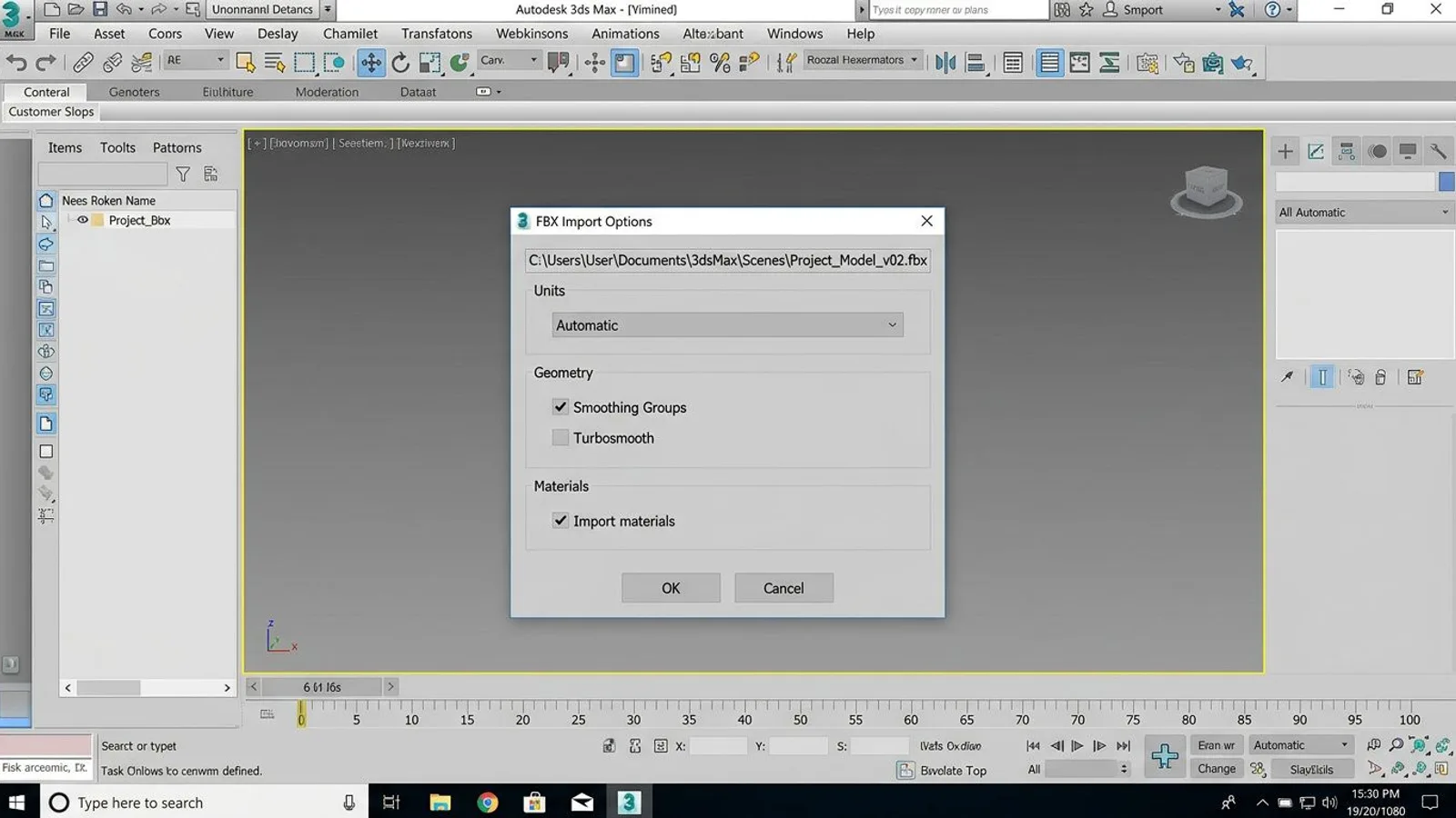 3ds Max FBX import dialog with unit and material options