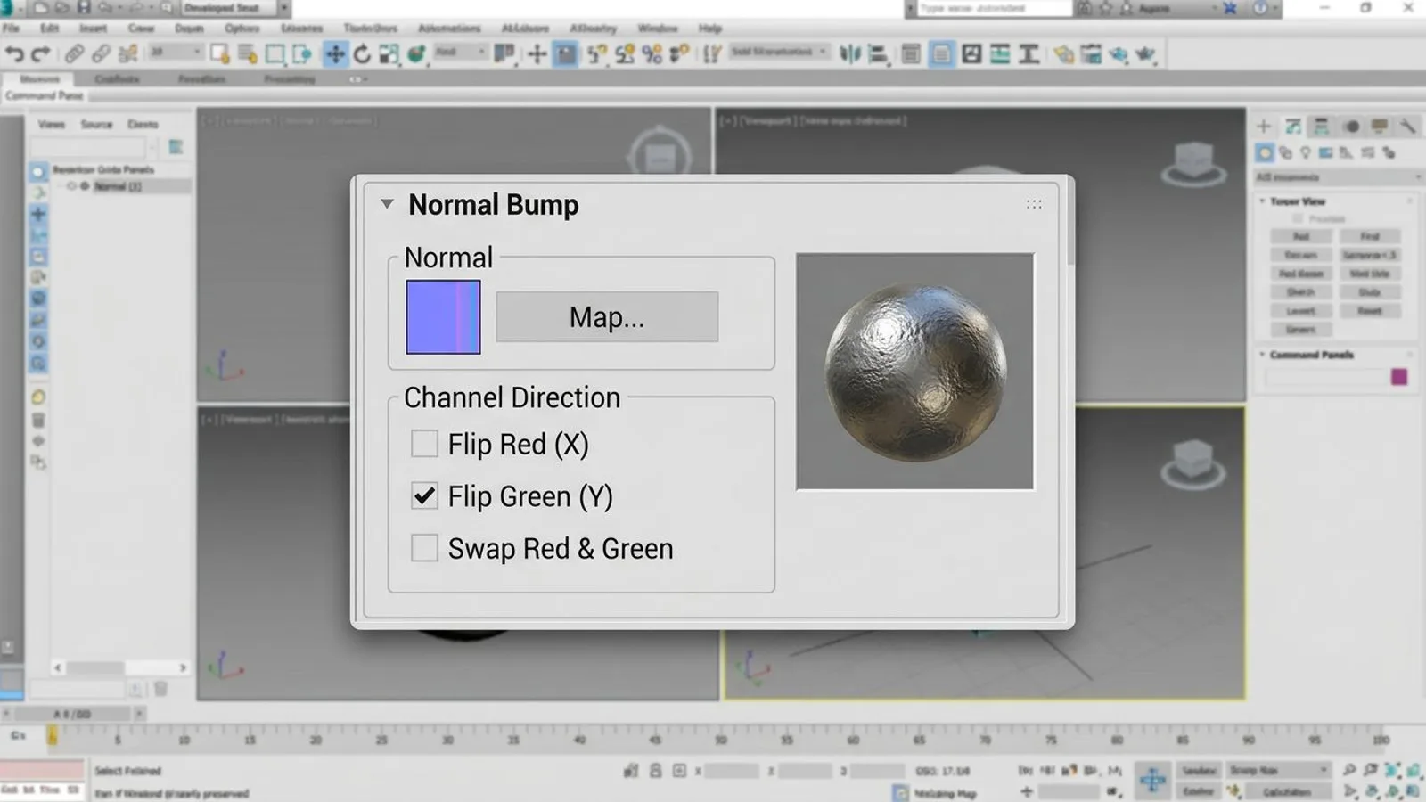 3ds Max Normal Bump dialog with only Flip Green (Y) checked, Flip Red and Swap Red & Green left off