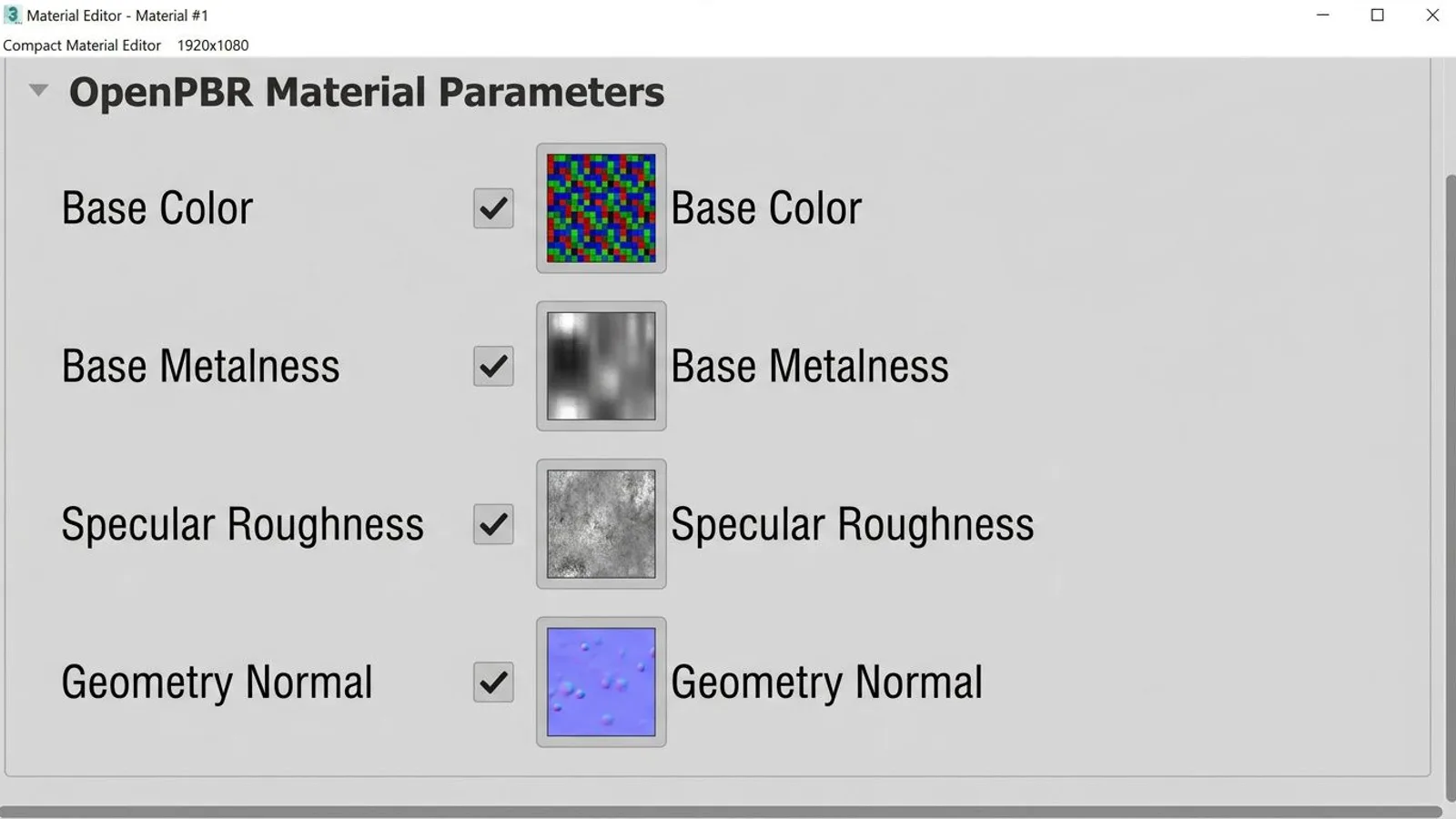 OpenPBR Material parameter rollout in 3ds Max with map slots for base color, metalness, roughness, and normal