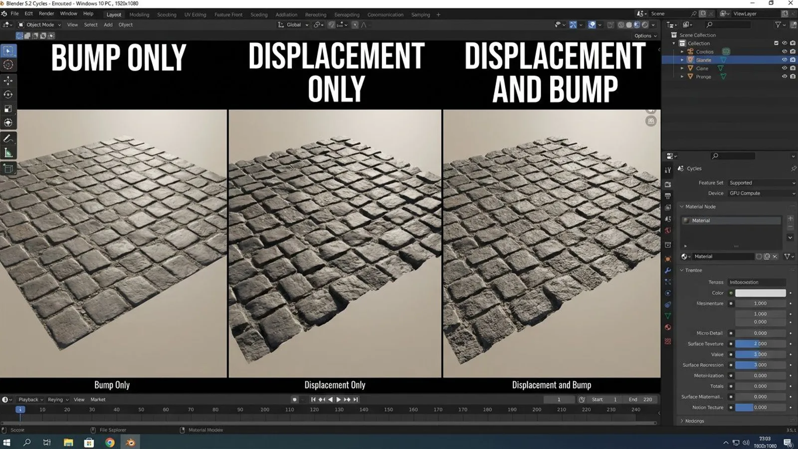Comparison of Bump Only, Displacement Only, and Displacement and Bump on a cobblestone texture in Blender
