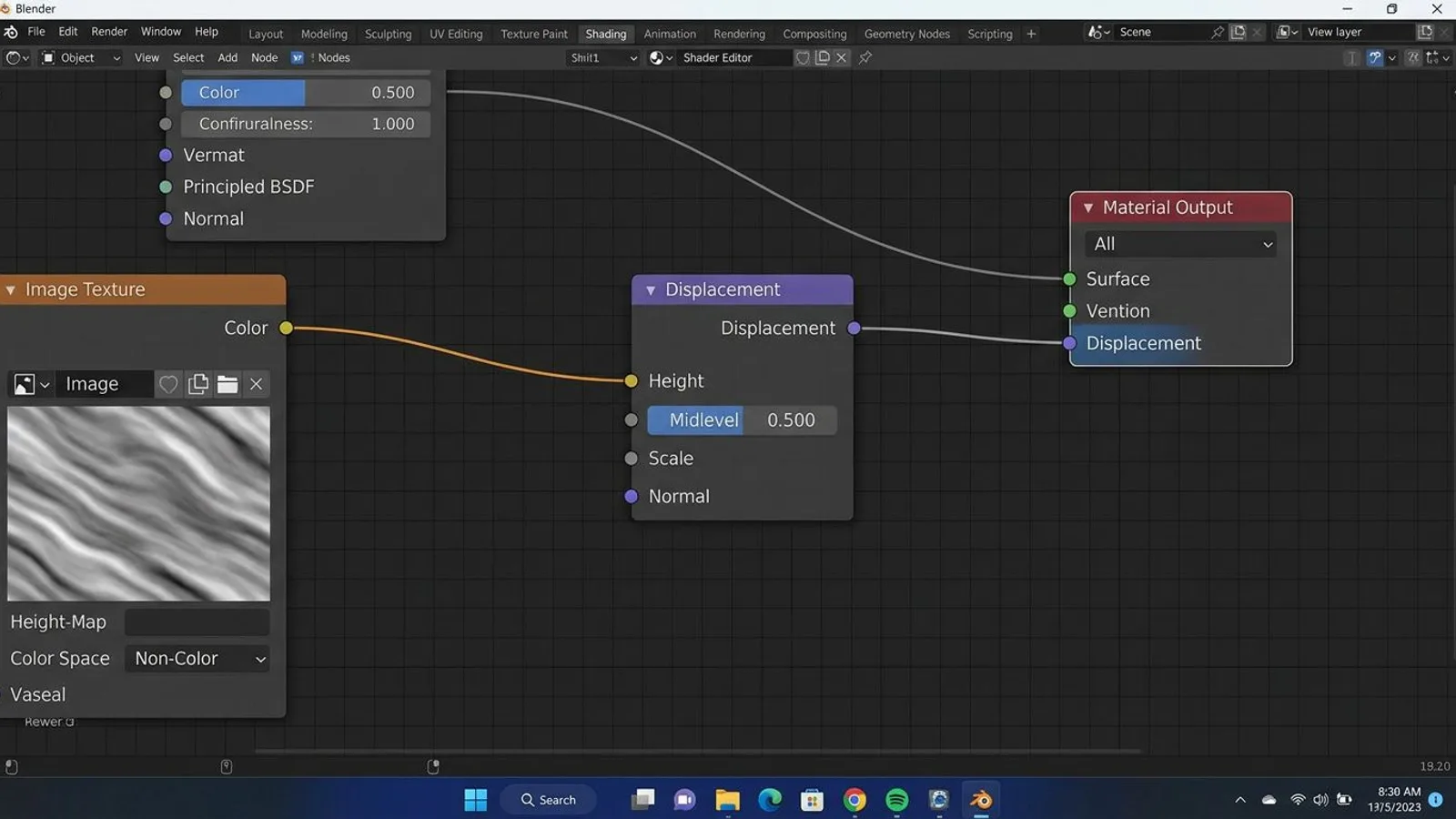 Blender Displacement node with Midlevel and Scale, wired into the Displacement input of the Material Output