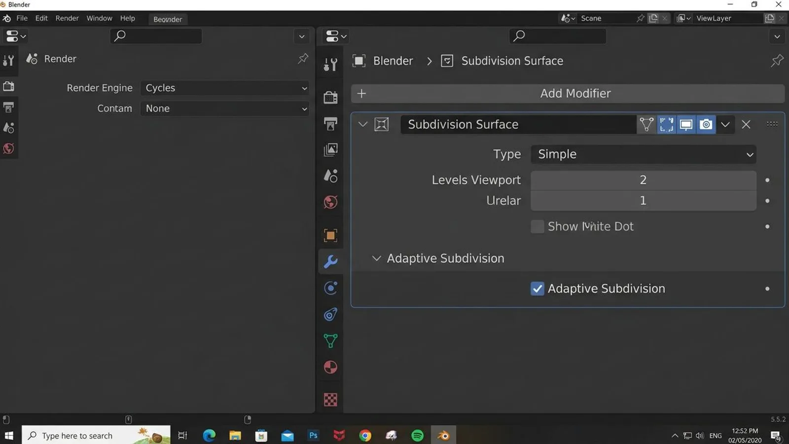 Subdivision Surface modifier in Simple mode with Adaptive Subdivision enabled, render engine set to Cycles, in Blender