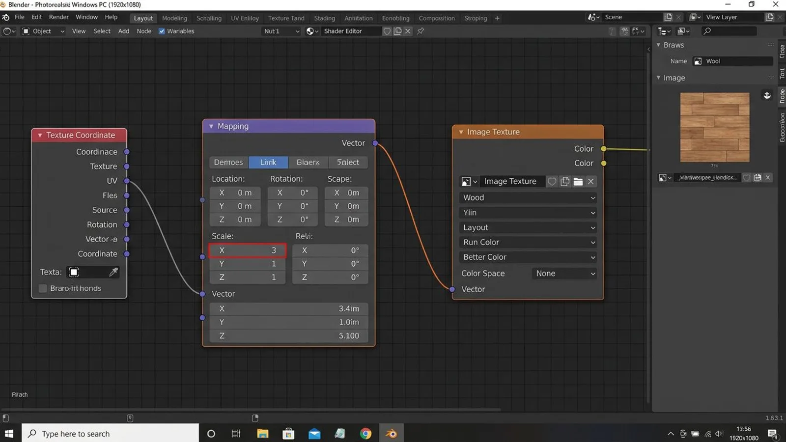 Mapping node in the Blender Shader Editor with the Scale value set for the tile size of a wood plank texture