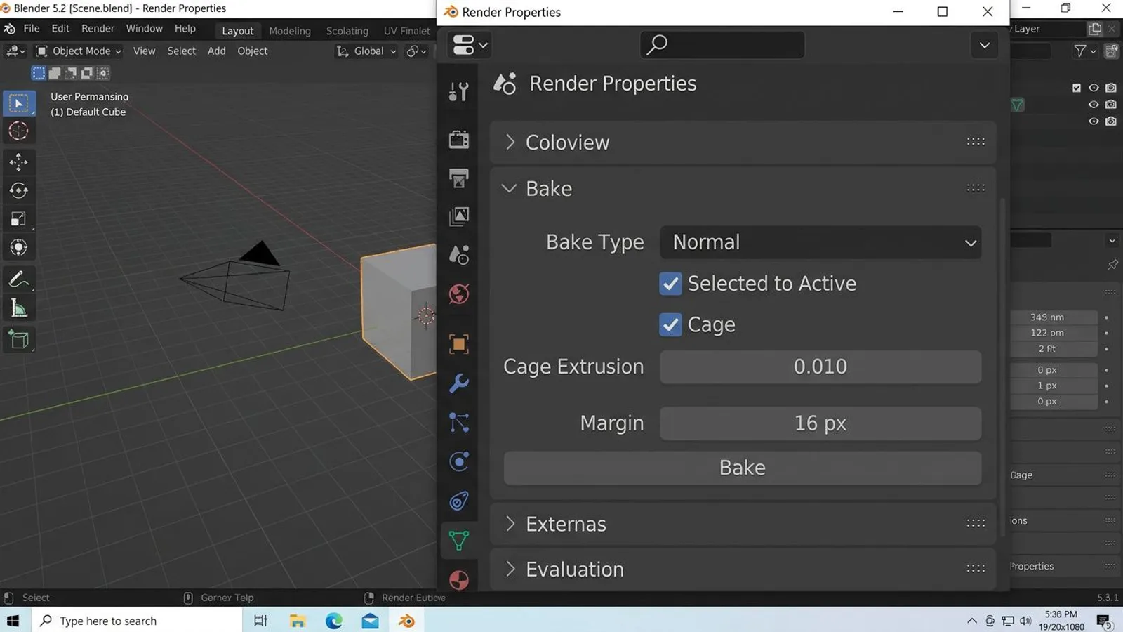 Bake settings in Blender's Render Properties: Bake Type Normal, Selected to Active, Cage Extrusion, and Margin
