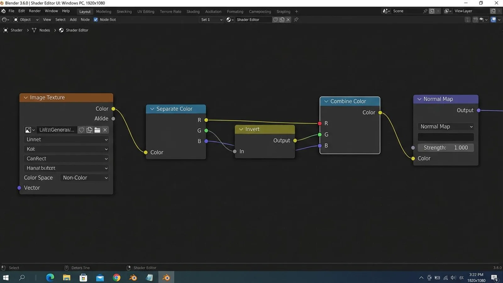 Blender nodes for flipping a DirectX normal map: Separate Color, Invert on the green channel, Combine Color