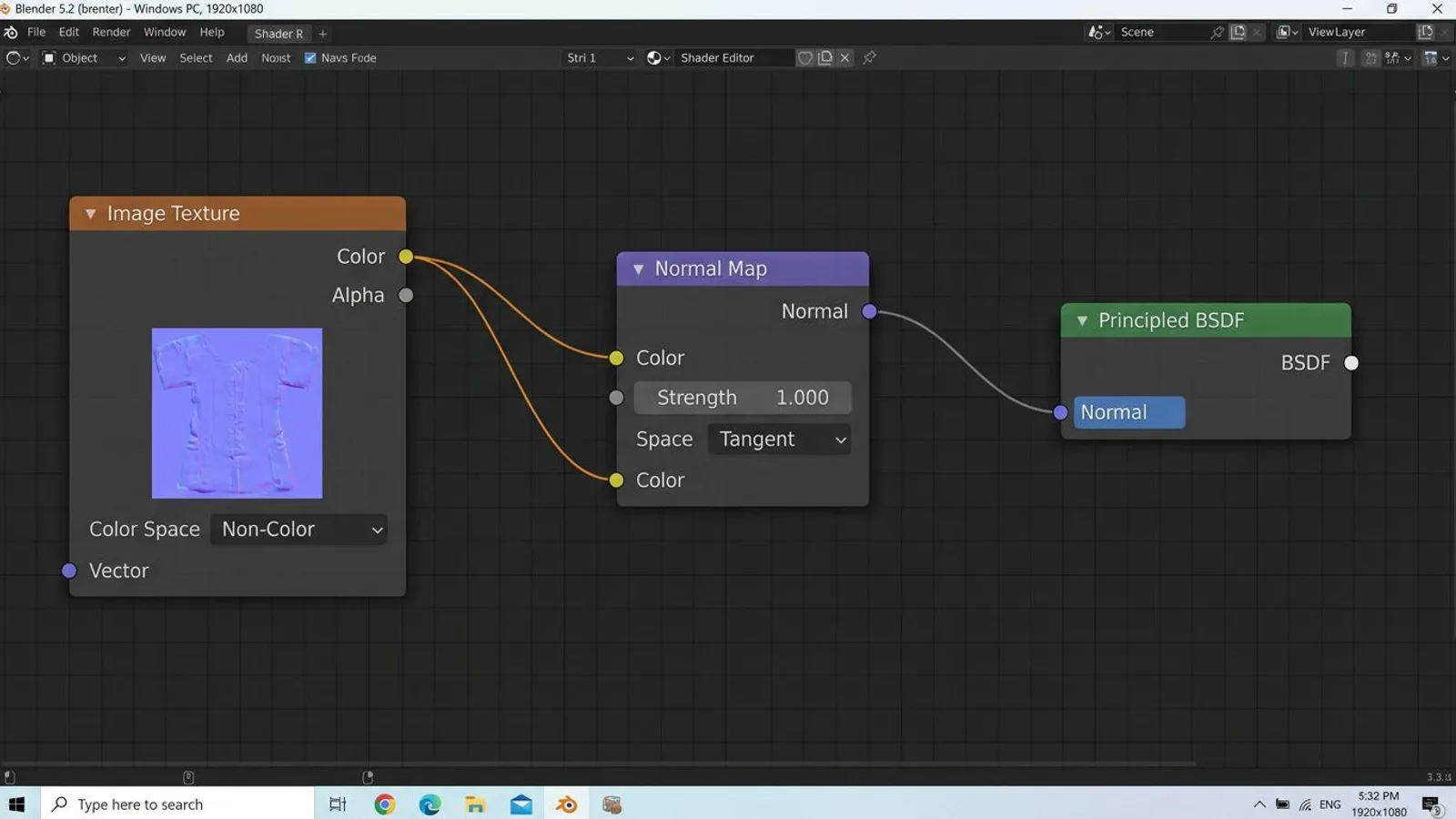 Blender: Image Texture node set to Non-Color, Normal Map node with Strength and Space, wired into the Principled BSDF