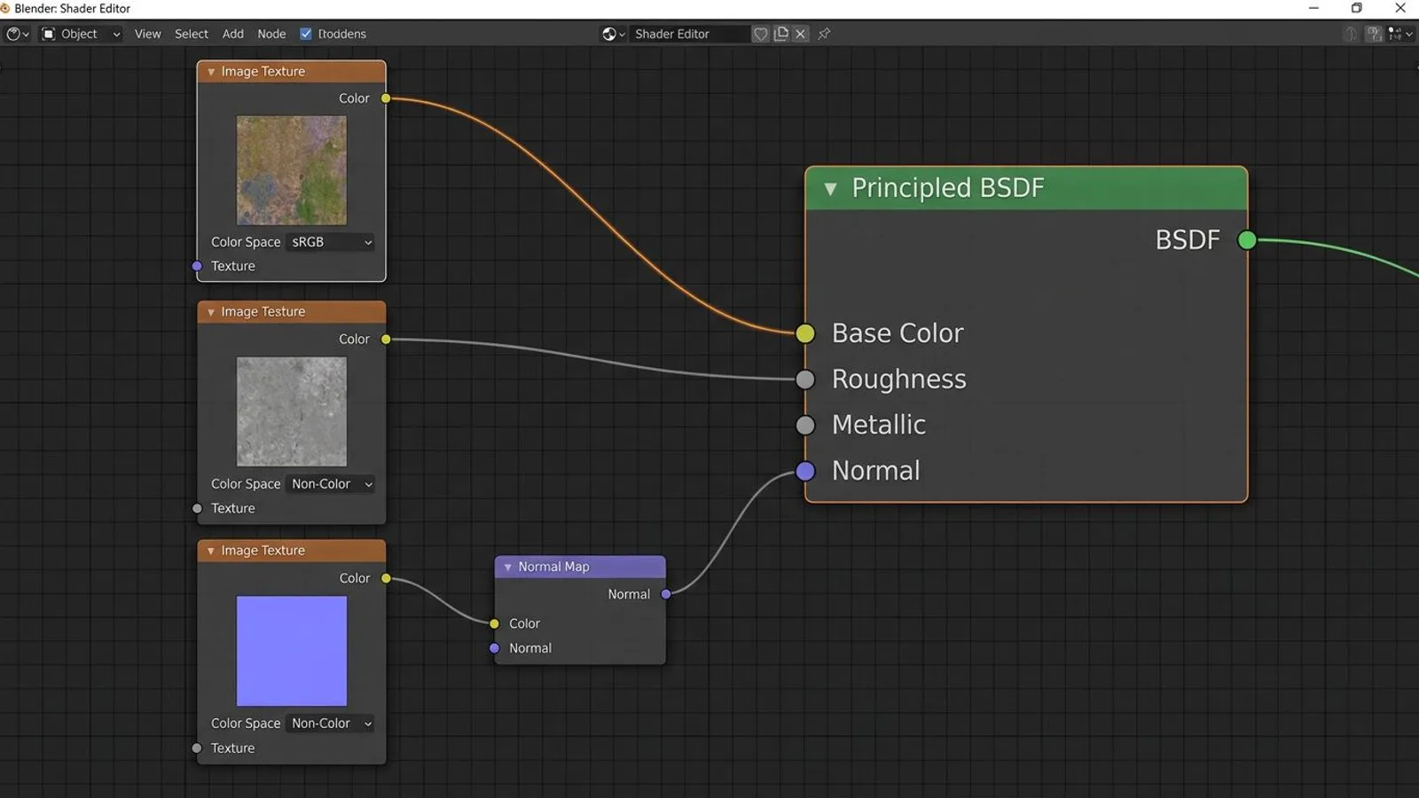 Blender Shader Editor: three Image Texture nodes (sRGB and Non-Color), a Normal Map node and the Principled BSDF