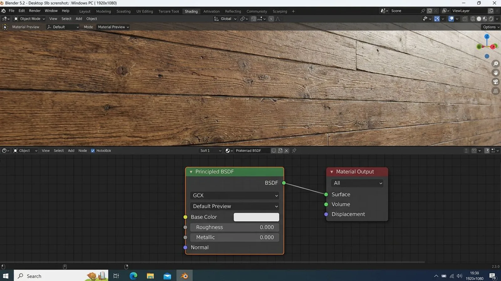 Blender Shading workspace: 3D viewport on top, Shader Editor below with Principled BSDF and Material Output