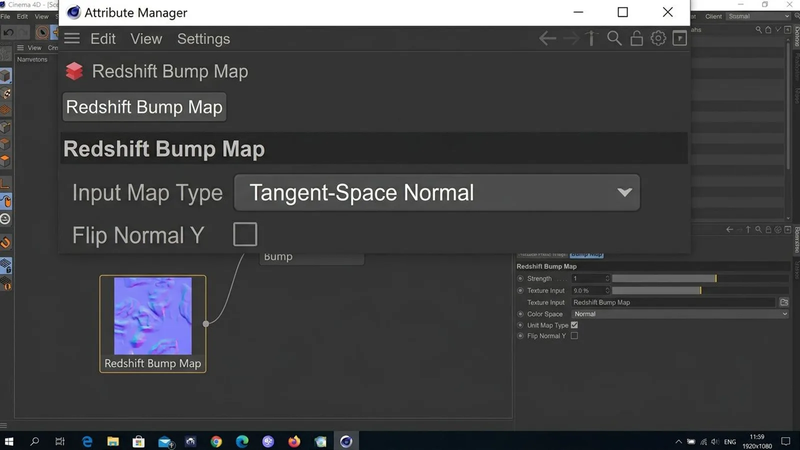 Redshift Bump Map node in Cinema 4D set to Tangent-Space Normal with Flip Normal Y unchecked