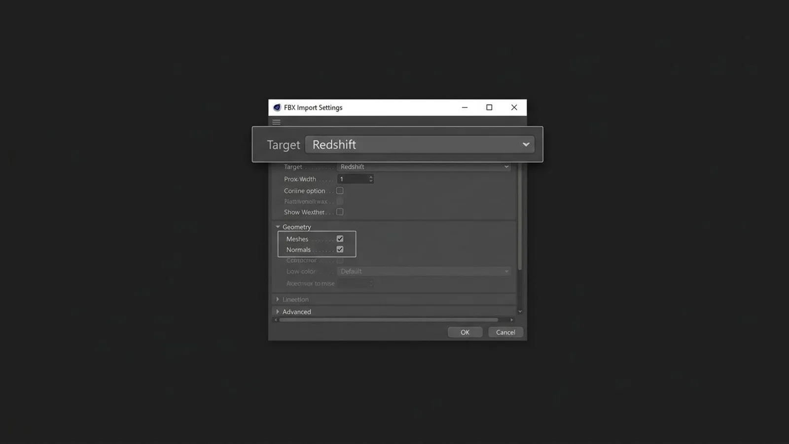 Cinema 4D FBX Import Settings dialog with the target renderer set to Redshift