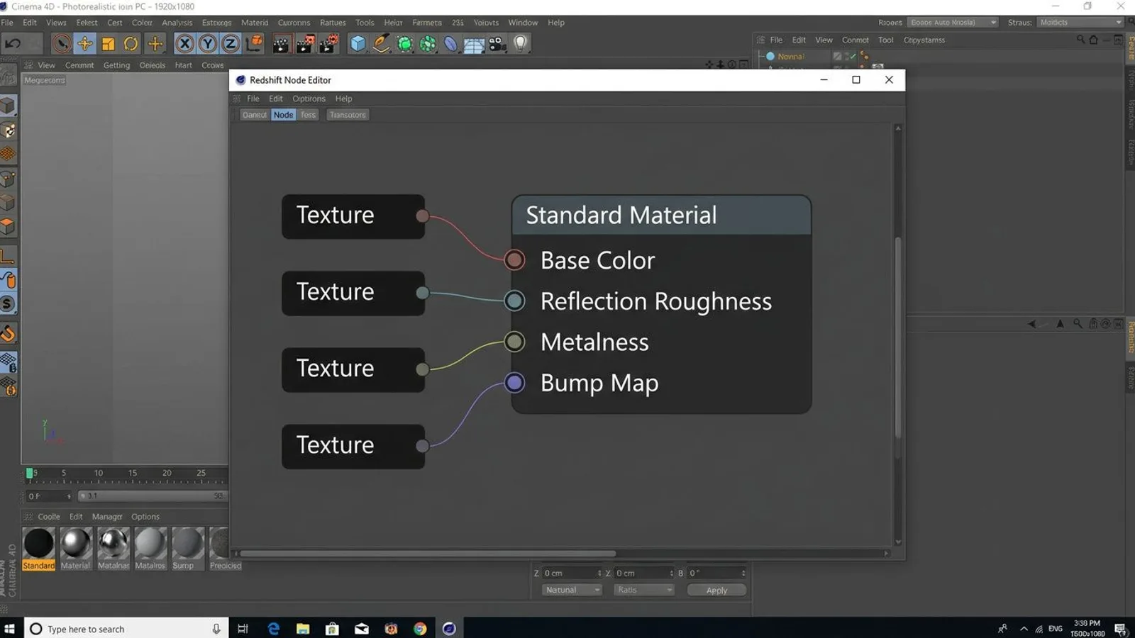 Cinema 4D Node Editor showing a Redshift Standard Material connected to texture nodes