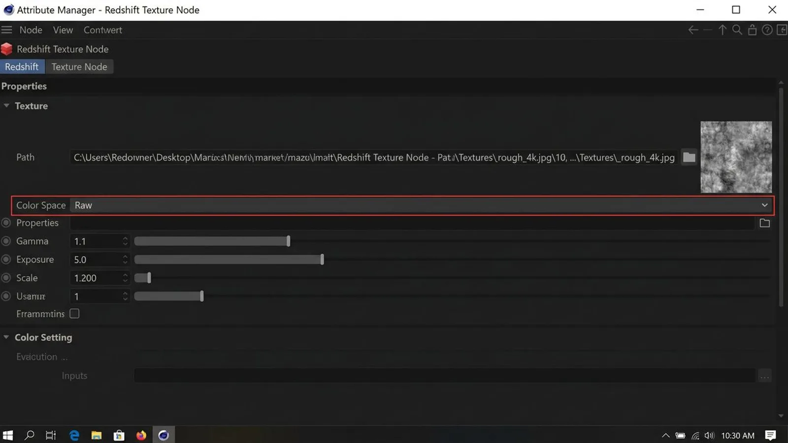 Cinema 4D Attribute Manager for a Redshift texture node with color space set to Raw