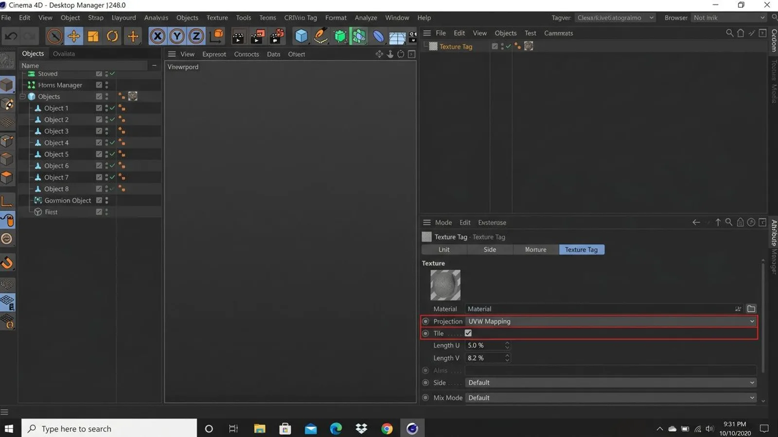 Cinema 4D Texture Tag with UVW Mapping projection and the Length U and Length V fields