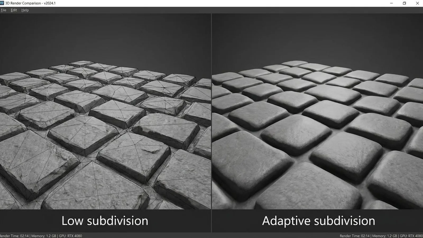 Coarse subdivision on the left shows blocky facets, adaptive subdivision on the right a smooth cobblestone relief