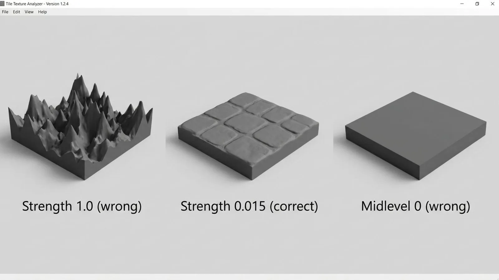 Strength 1.0 looks absurdly exaggerated, 0.015 gives realistic relief, midlevel 0 lifts the whole tile