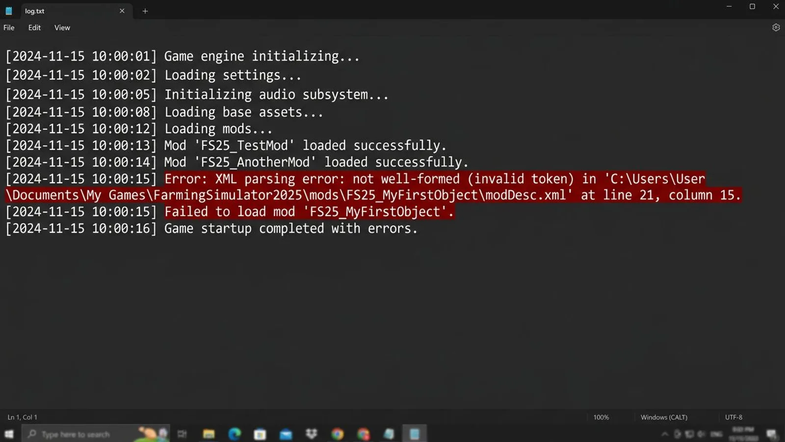 FS25 log.txt with a highlighted error message pointing to a broken modDesc.xml file.