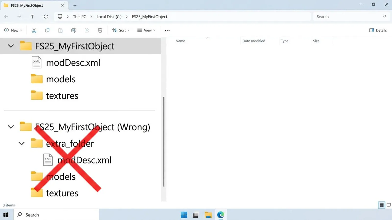 Correct: modDesc.xml sits at the root of the zip. Wrong: nested one folder too deep