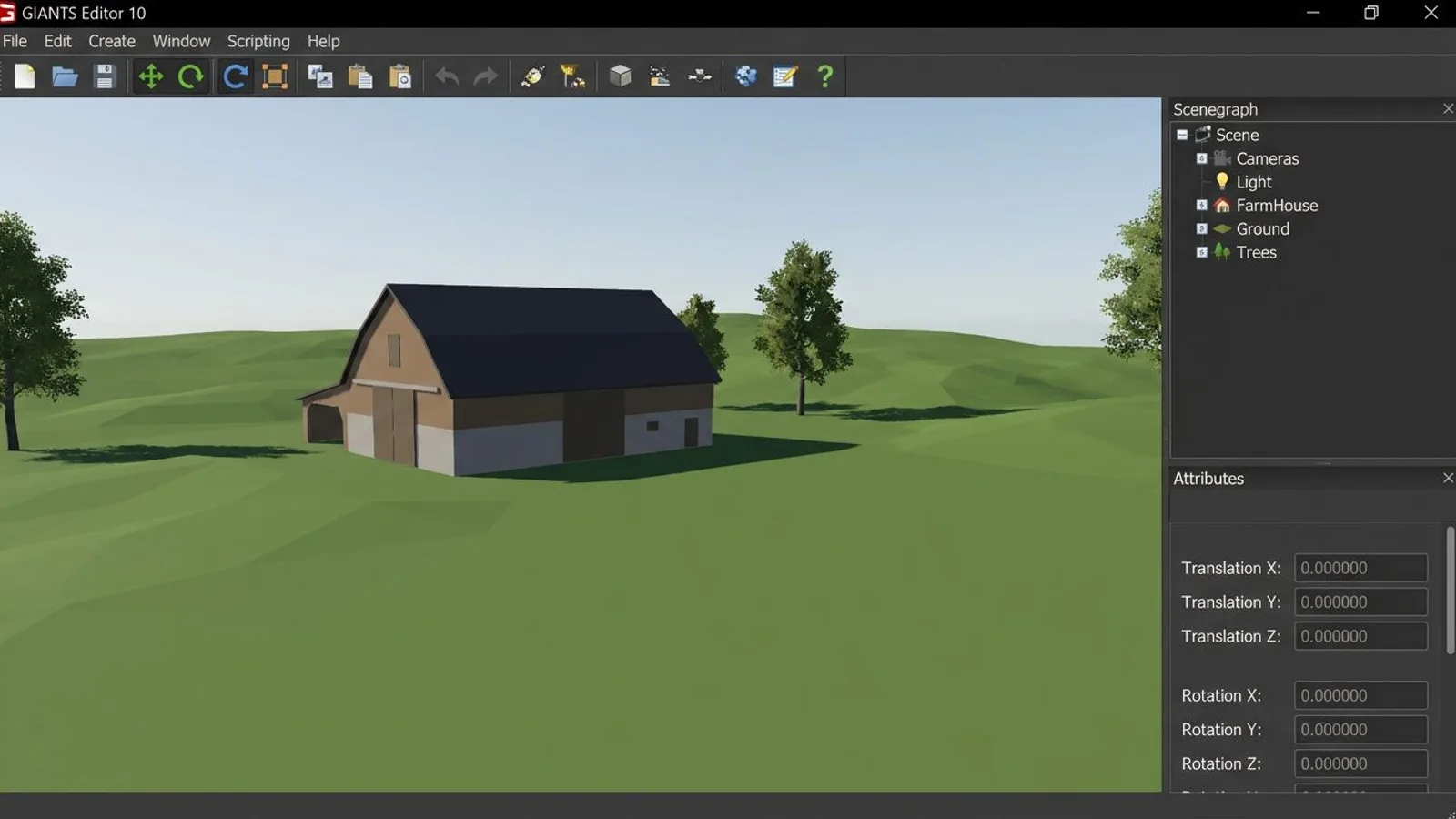 GIANTS Editor main window with viewport, scenegraph and attributes panel